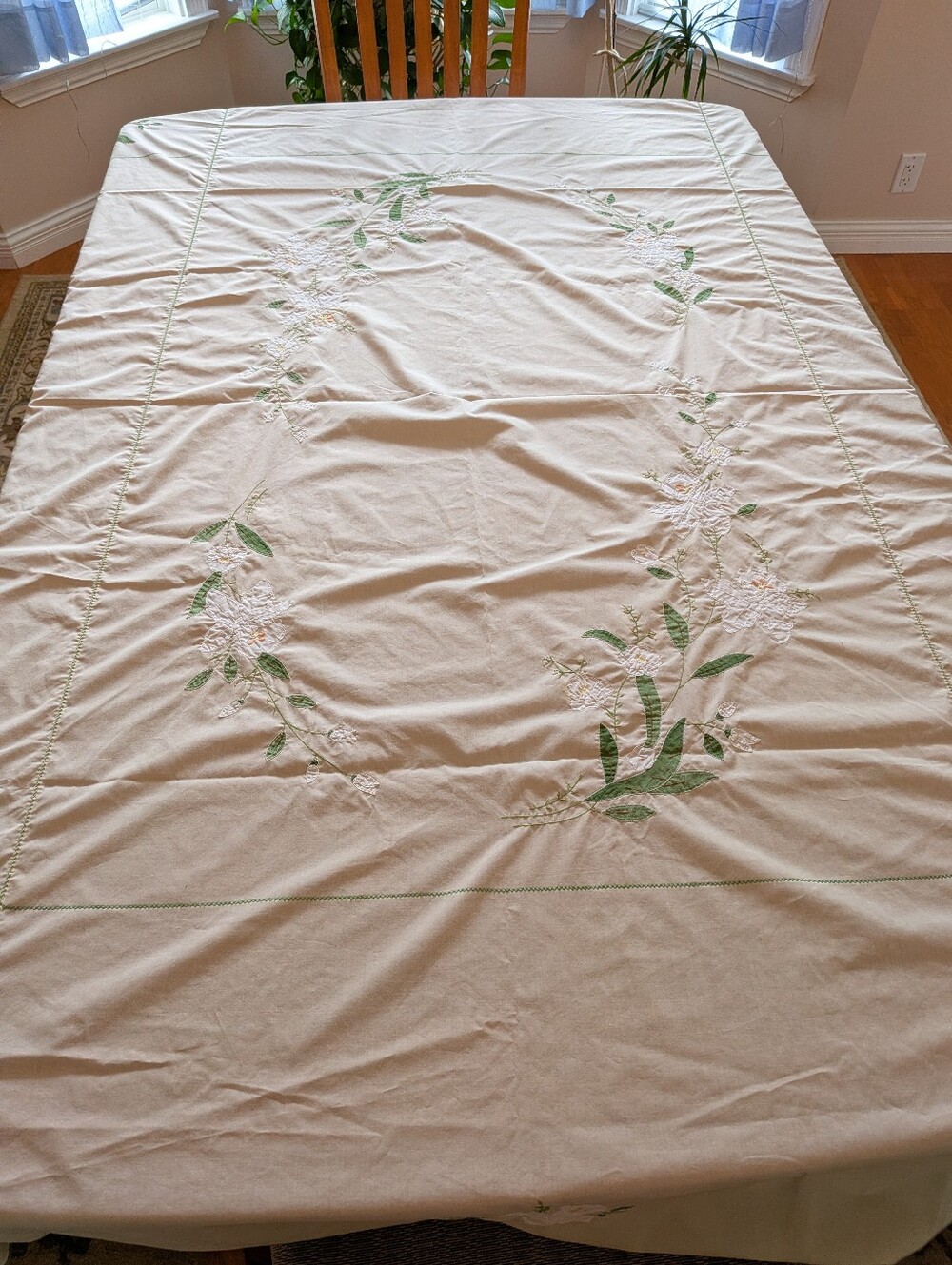Vintage Cream Embroidered Dining Tablecloth with Green Floral Accents 83”x66.5”